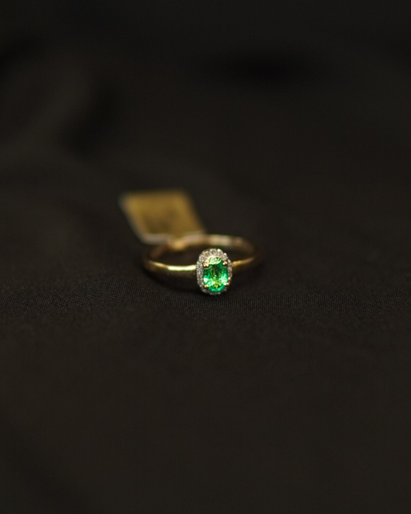 14K Yellow Gold Oval Emerald with Diamond Halo