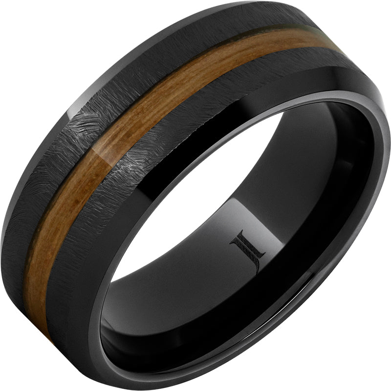 "SCOTCH WHISKEY" 8MM Men's Black Diamond Ceramic™ Ring with Oak Scotch Whiskey Inlay