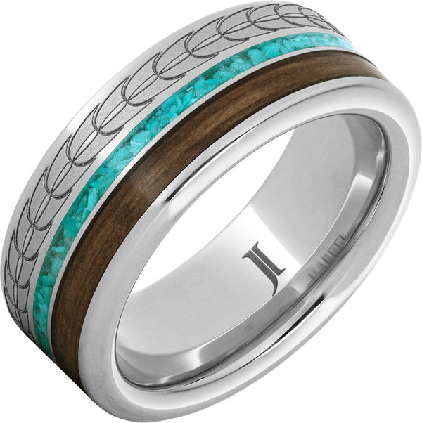 "EAGLE FEATHER" 8MM Men's Serinium® Ring with Turquoise & Bourbon Inlays