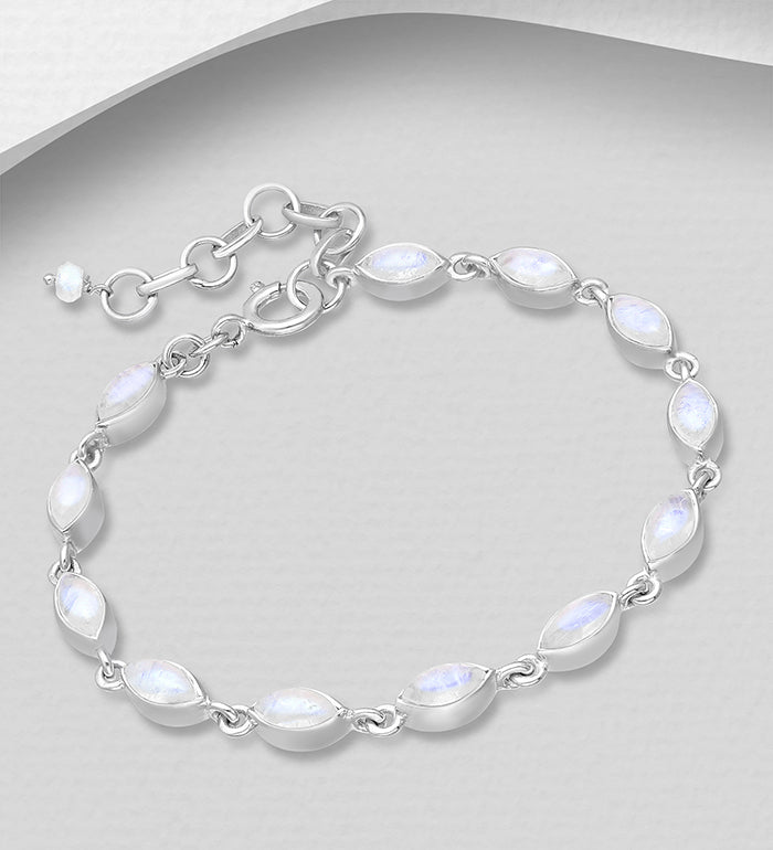 Sterling Silver Cabochon-Cut Marquise Rainbow Moonstone Bezel-Set Bracelet