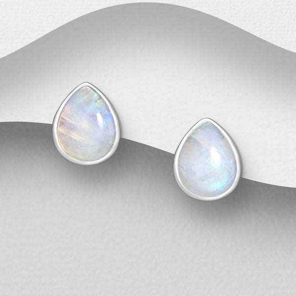 Rainbow Moonstone Droplet Stud Earrings