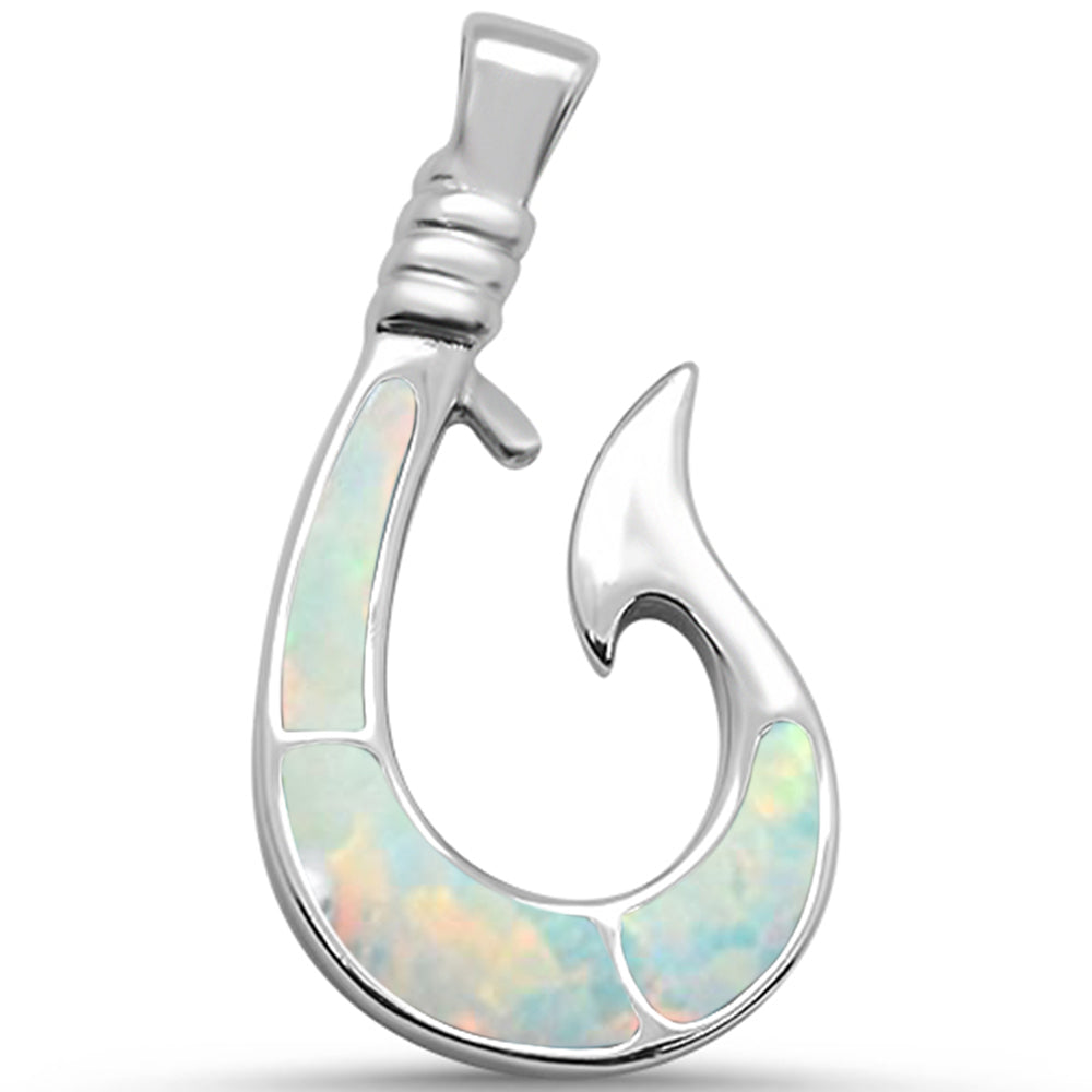 Sterling Silver White Opal Fish Hook Pendant With Chain