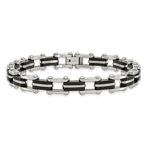Stainless Steel Polished with Black Rubber 8.75 inch Link Bracelet