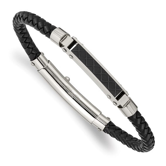 Stainless Steel Polished and Textured Black IP-plated Black Braided Leather Adjustable 7.5 and 8 inch Bracelet
