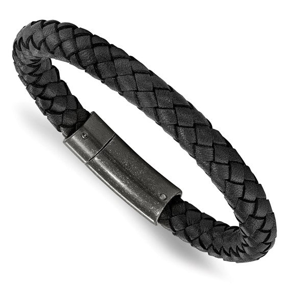 Stainless Steel Brushed Black Braided Leather 8.25 inch Bracelet