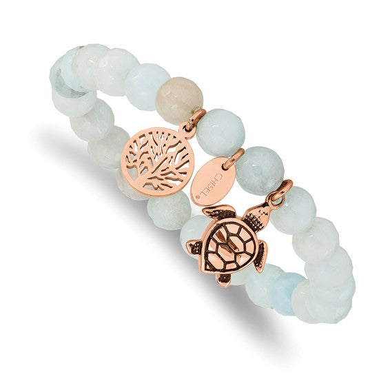 Blue Jade & Plated Rose Gold Turtle Charm Bracelet