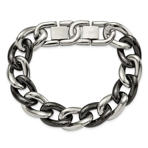 Stainless Steel Polished with Black Ceramic 7.5 inch Curb Link Bracelet with 1 inch Extension