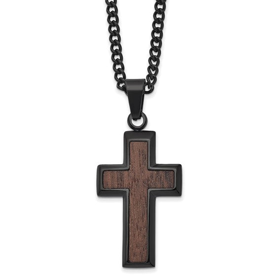 Stainless Steel Polished Black IP-plated with Wood Inlay Cross 24in Necklace