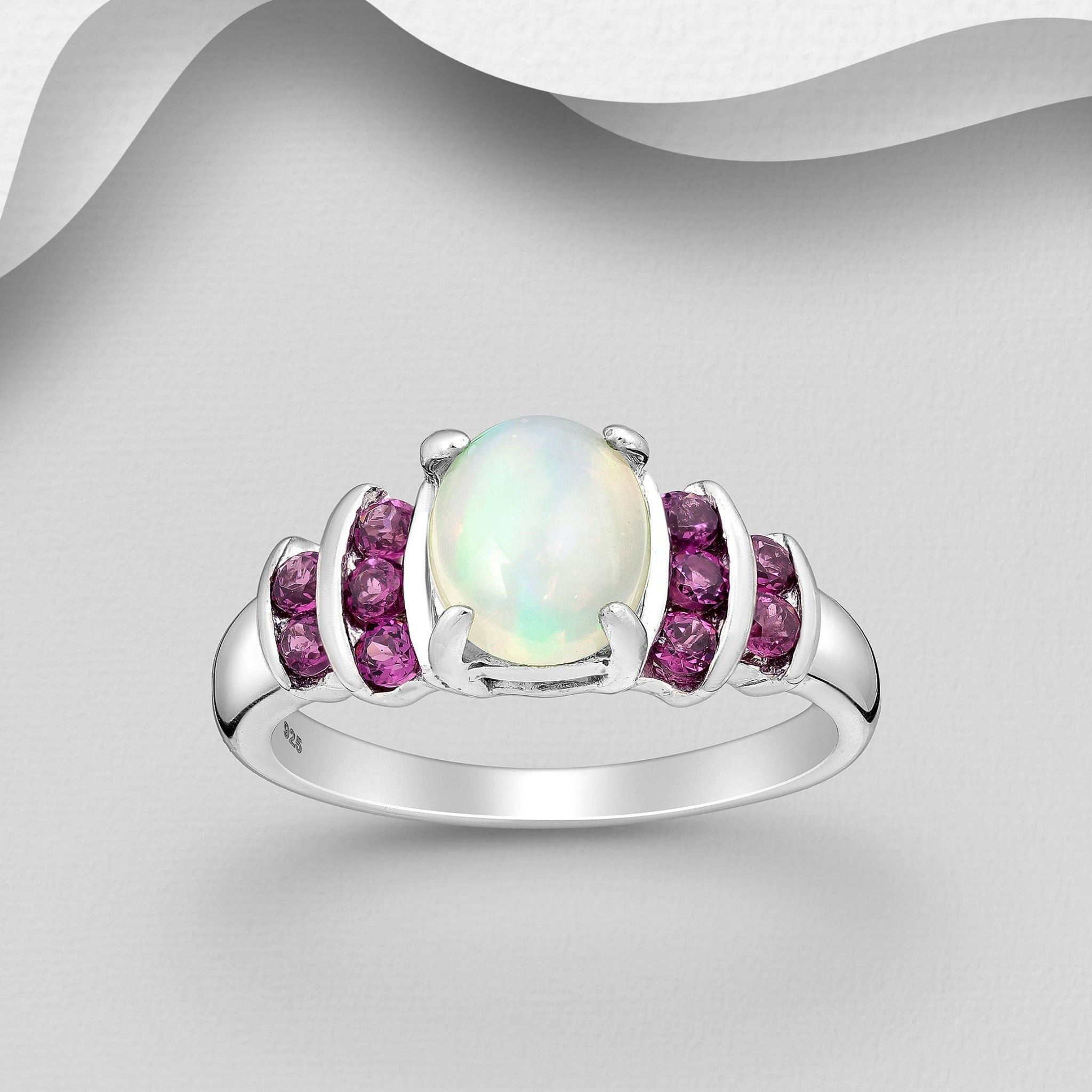 Sterling Silver Ethiopian Opal & Rhodolite Garnet Ring