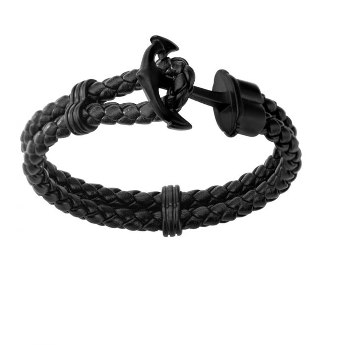 INOX Black Leather & Steel-Black Anchor Bracelet