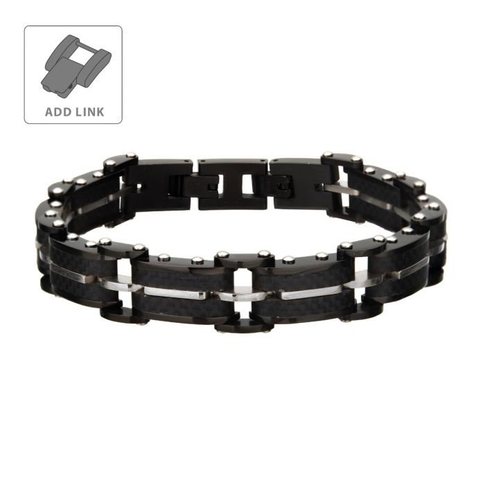 INOX Stainless Steel Black Carbon Fiber & Silver Link Bracelet