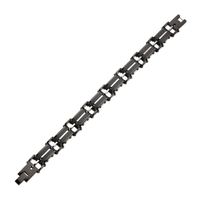 INOX Stainless Steel Black Carbon Fiber & Silver Link Bracelet