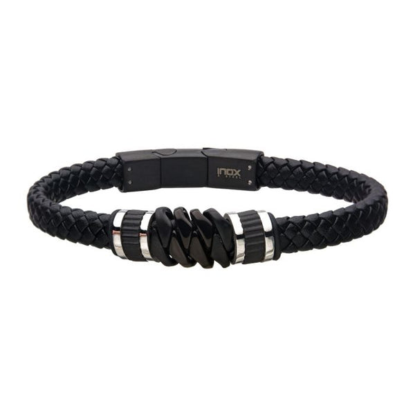 INOX Black Braided Leather & Stainless Steel Serrated Station Bracelet
