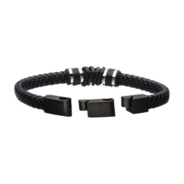 INOX Black Braided Leather & Stainless Steel Serrated Station Bracelet