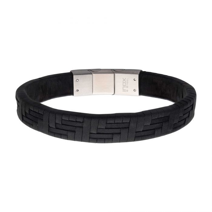 INOX Stainless Steel & Black Twill Weave Suede Bracelet