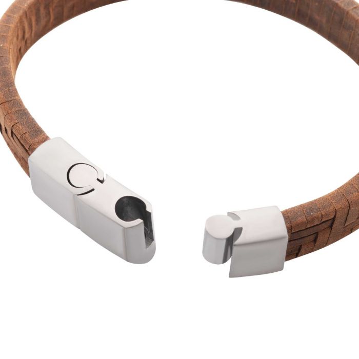 INOX Stainless Steel & Brown Twill Weave Suede Bracelet