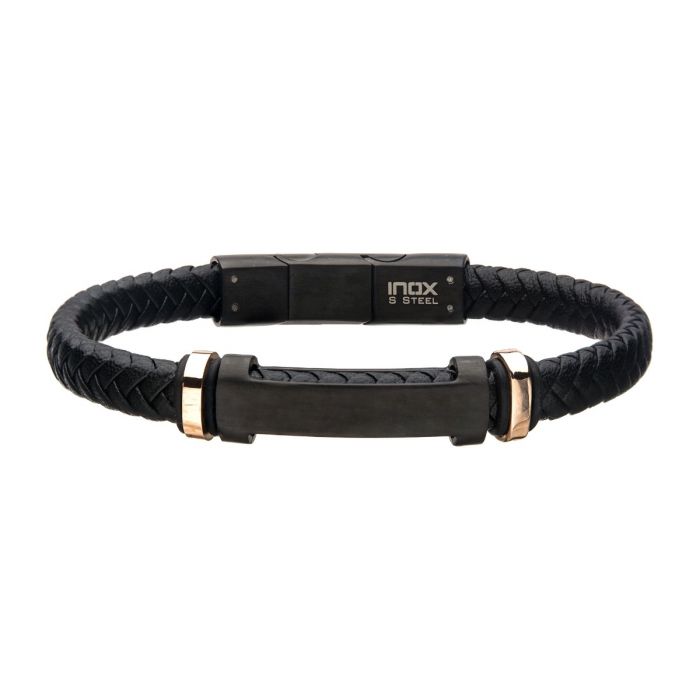 INOX Black Leather Bracelet with Rose Gold Plated Beads