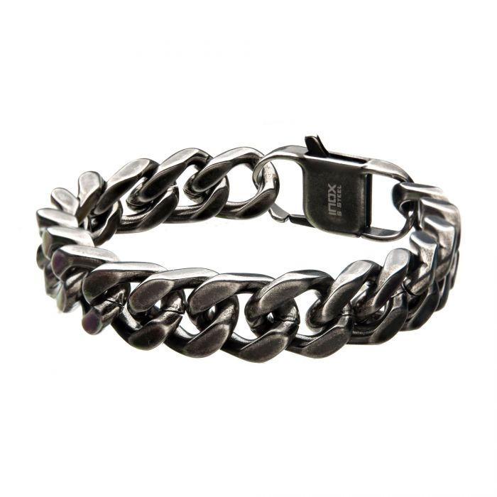 INOX Antiqued Stainless Steel Diamond-Cut 13MM Link Bracelet