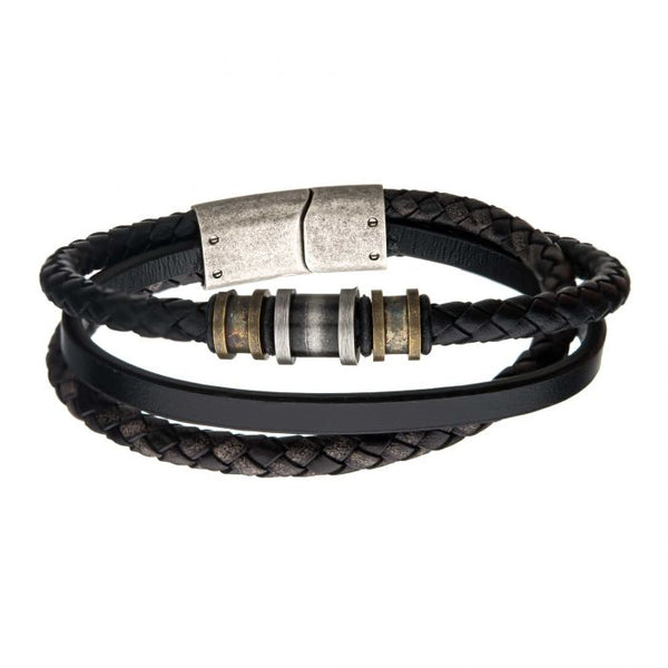 INOX Antiqued Gold & Silver Stainless Steel Black Leather Bracelet