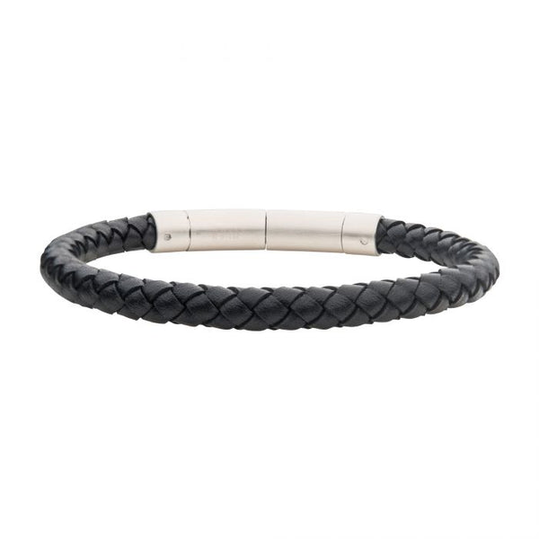 INOX Stainless Steel & Black Leather 6MM Braided Bracelet