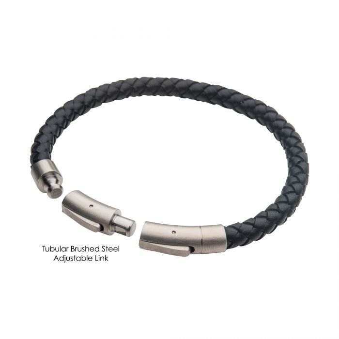 INOX Stainless Steel & Black Leather 6MM Braided Bracelet