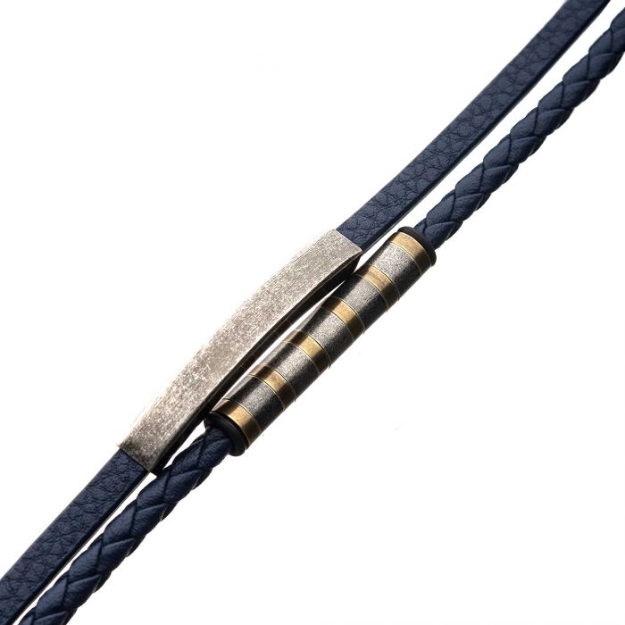 INOX Stainless Steel Bar & Blue Leather Double-Strand Bracelet