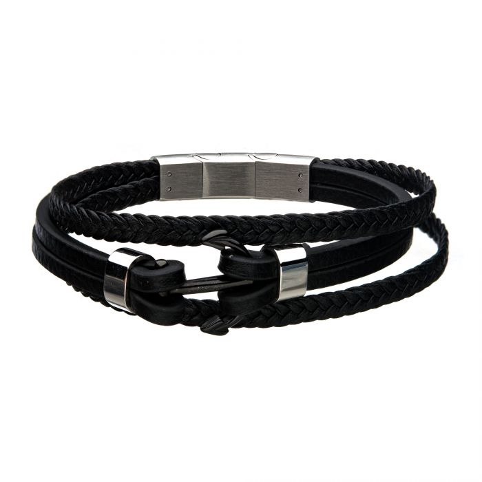 INOX Stainless Steel & Black Leather Three-Strand Anchor Bracelet