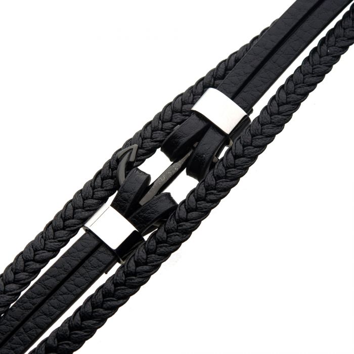 INOX Stainless Steel & Black Leather Three-Strand Anchor Bracelet
