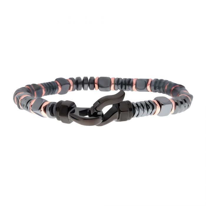 INOX Stainless Steel Black & Rose Gold Hematite Beads Bracelet