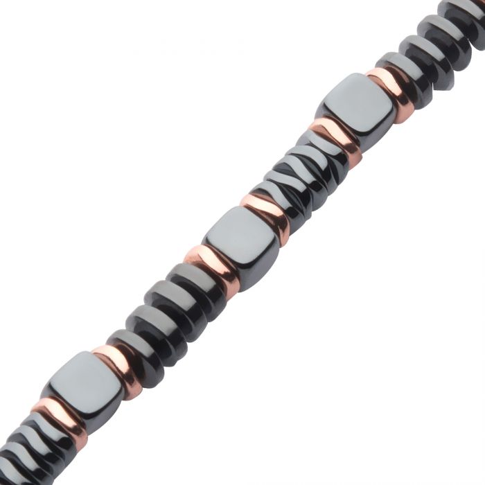 INOX Stainless Steel Black & Rose Gold Hematite Beads Bracelet