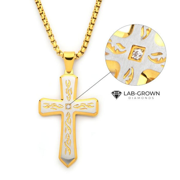 INOX Stainless Steel 18K Gold-Plated Lab-Grown Diamond Cross Necklace