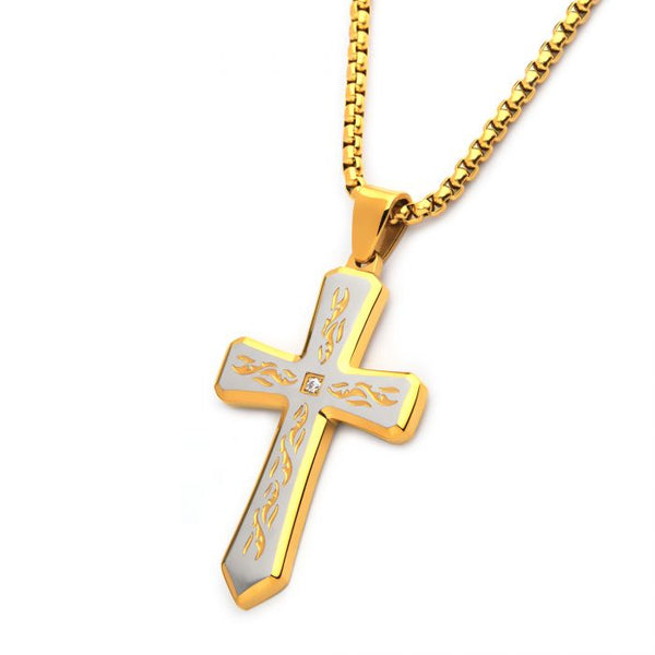INOX Stainless Steel 18K Gold-Plated Lab-Grown Diamond Cross Necklace