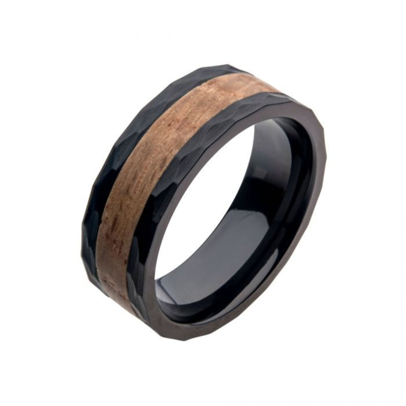 INOX Black Plated Stainless Steel Band With Whiskey Barrel Inlay