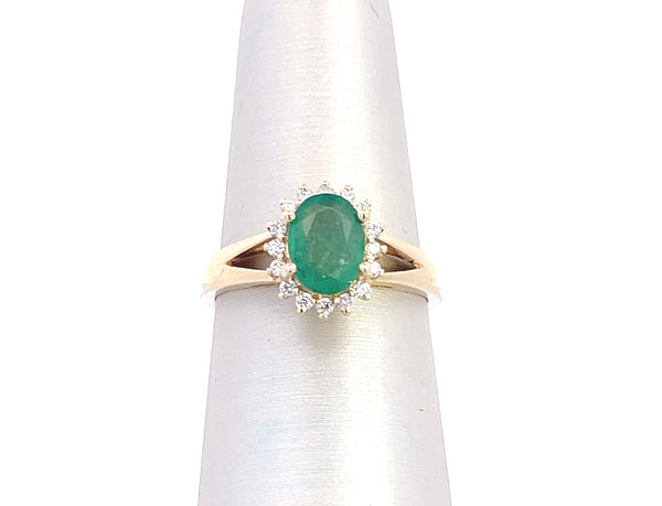 14K Yellow Gold 1CT. Natural Emerald & 1/6CT. Diamond Halo Ring