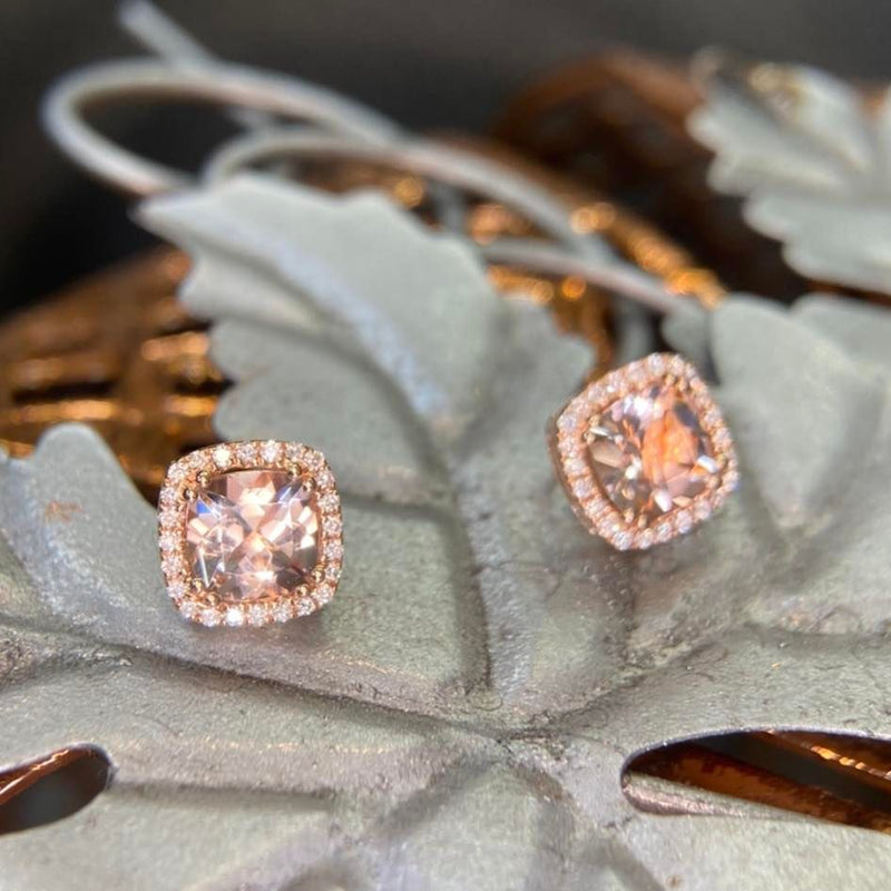 14K Rose Gold 1-5/8CT. Morganite & 1/5CT. Diamond Halo Earrings