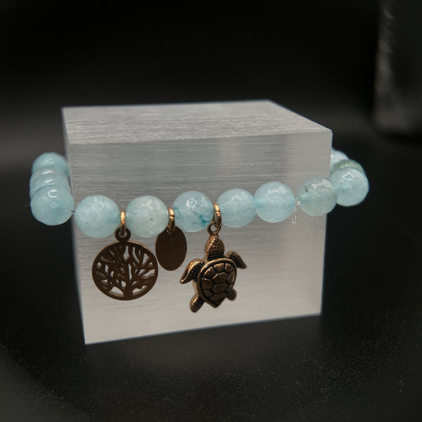 Blue Jade & Plated Rose Gold Turtle Charm Bracelet