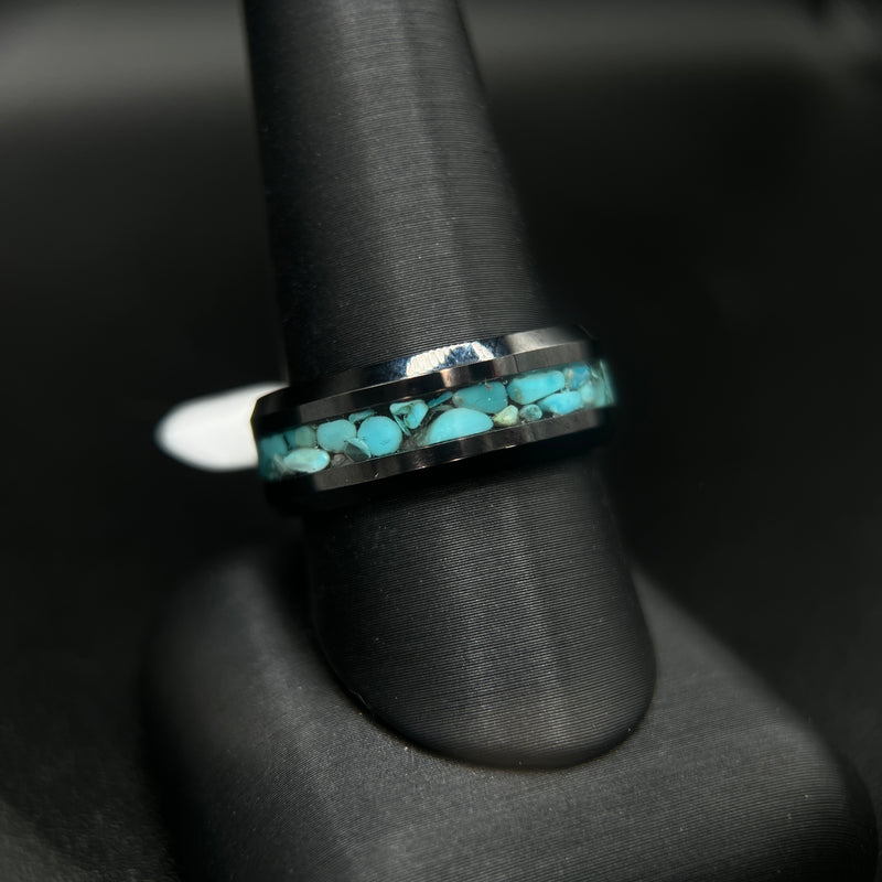 Men's 8MM Black Ceramic Band with Blue Turquoise Inlay