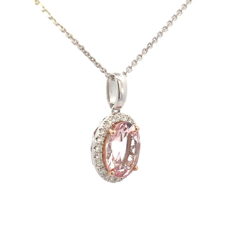 14K White Gold 2.25ct Pink Morganite & .18ct Diamond Halo Necklace