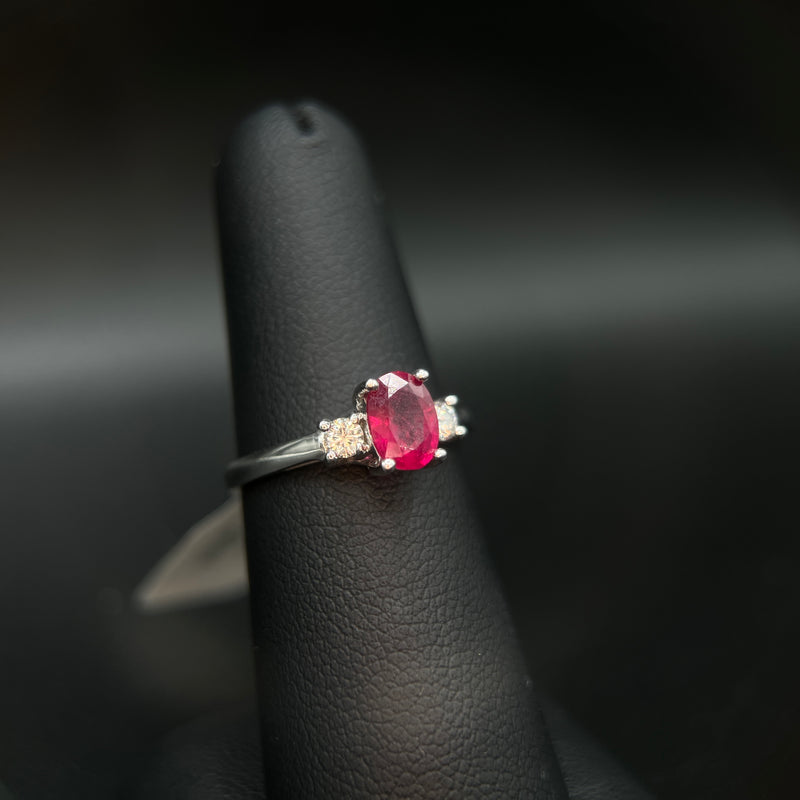 10K White Gold 3-Stone Ruby and Diamond Ring