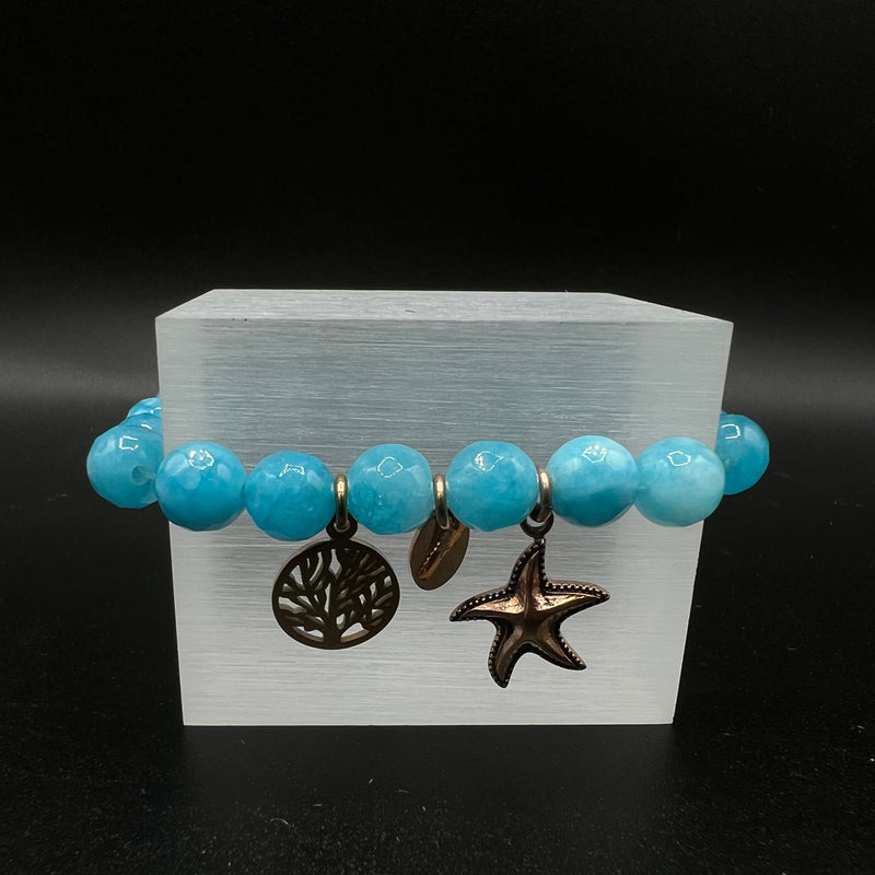 Aqua Colored Jade and Rose Gold Plated Beaded Bracelet