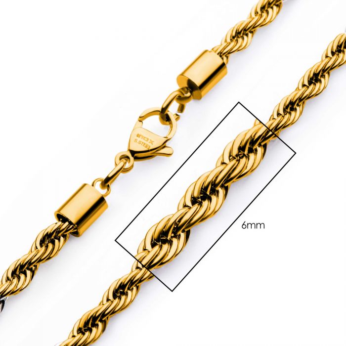 INOX Stainless Steel 6mm 18K Gold IP 24" Rope Chain Necklace