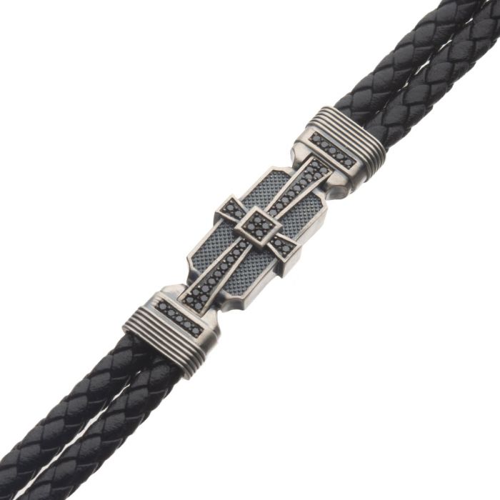 INOX Double-Braided Black Leather Bracelet with Sterling Silver Cross Clasp
