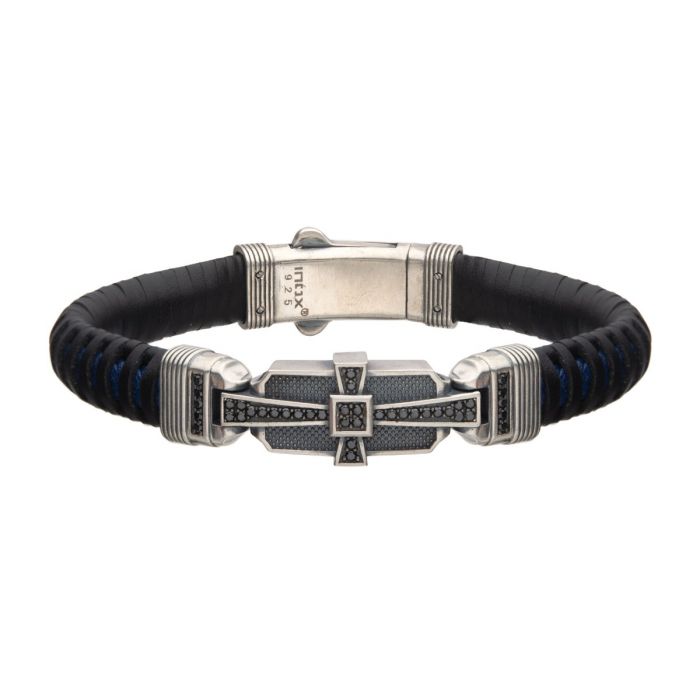 INOX Black & Blue Leather Bracelet with Sterling Silver Cross Clasp