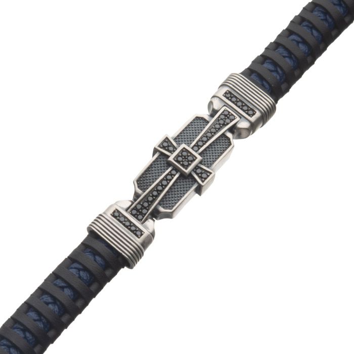 INOX Black & Blue Leather Bracelet with Sterling Silver Cross Clasp