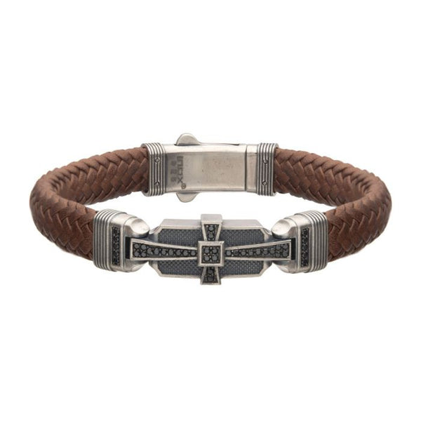 INOX Braided Brown Leather Bracelet with Sterling Silver Cross Clasp