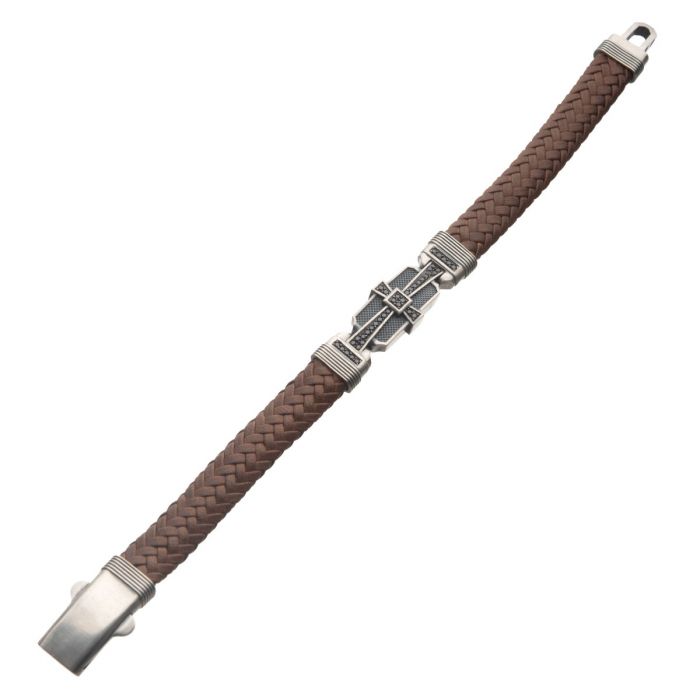 INOX Braided Brown Leather Bracelet with Sterling Silver Cross Clasp