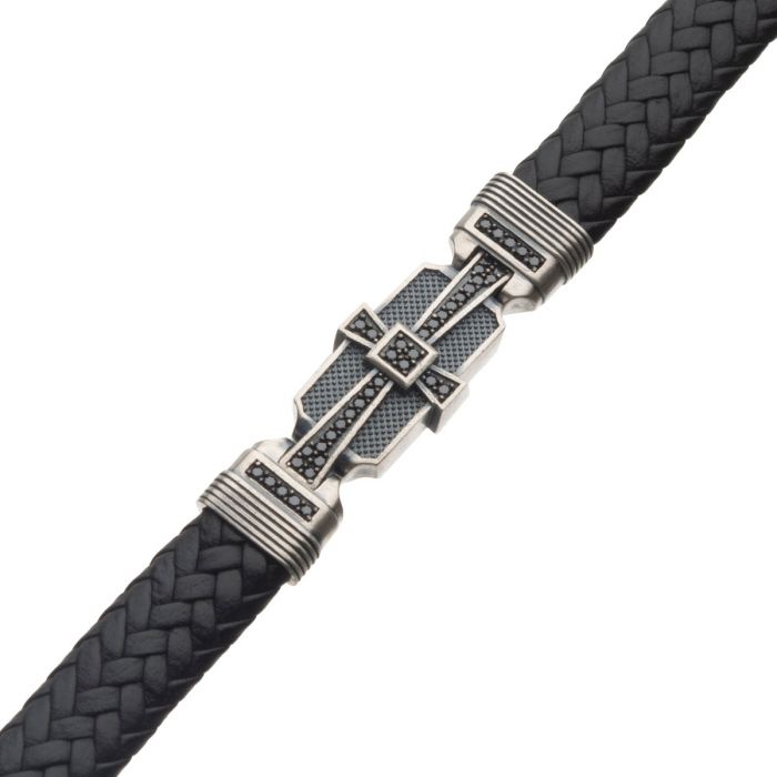 INOX Braided Black Leather Bracelet with Sterling Silver Cross Clasp