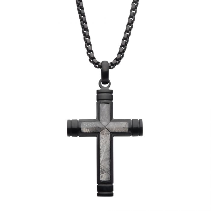 INOX Stainless Steel Meteorite Inlay Cross Pendant with Black IP Box Chain