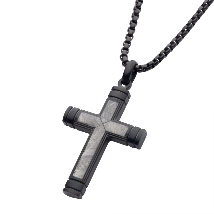 INOX Stainless Steel Meteorite Inlay Cross Pendant with Black IP Box Chain