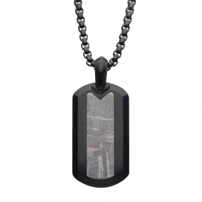 INOX Stainless Steel Meteorite Inlay Dog Tag Pendant with Black IP Box Chain